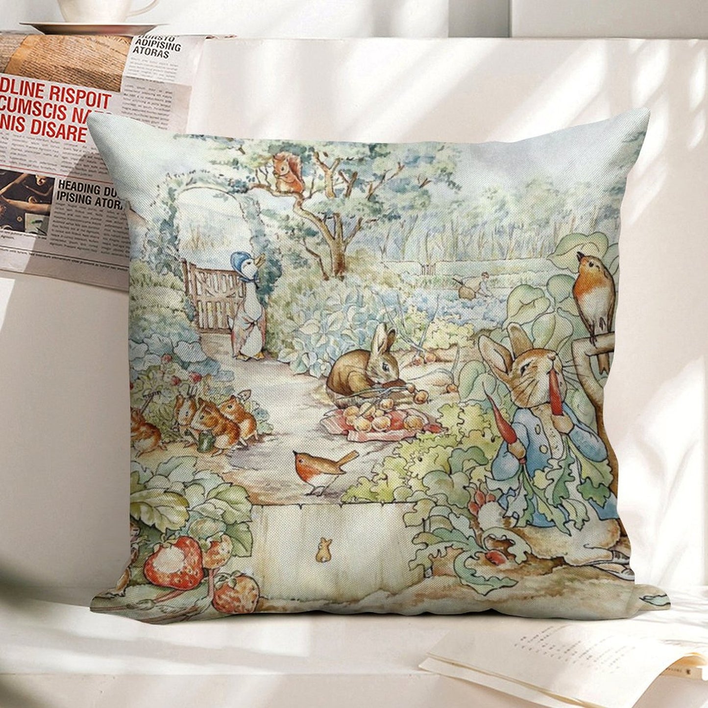 Beatrix Potter Storybook Characters in Garden Linen Throw Pillow Cover