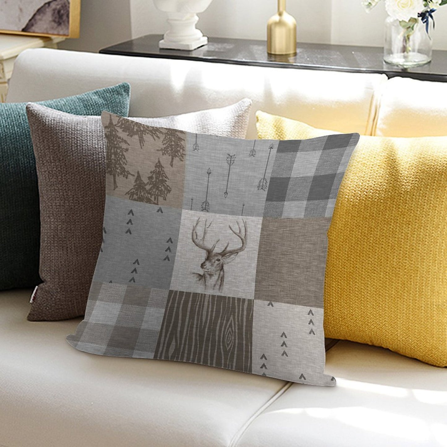 Deer Patchwork - Rustic Neutrals Soft Warmth Comfort Throw Pillow