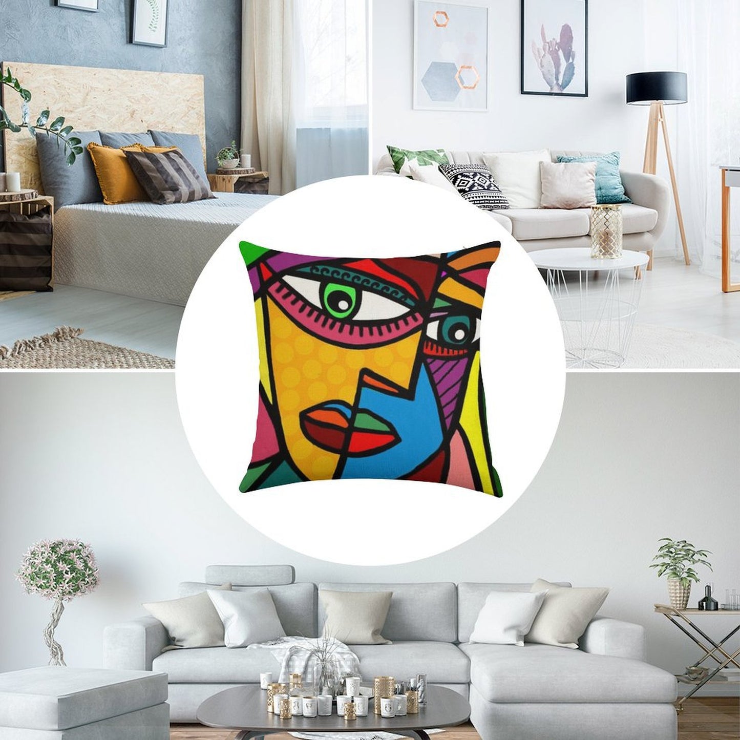 Funky Abstract Face Linen Throw Pillow Cover