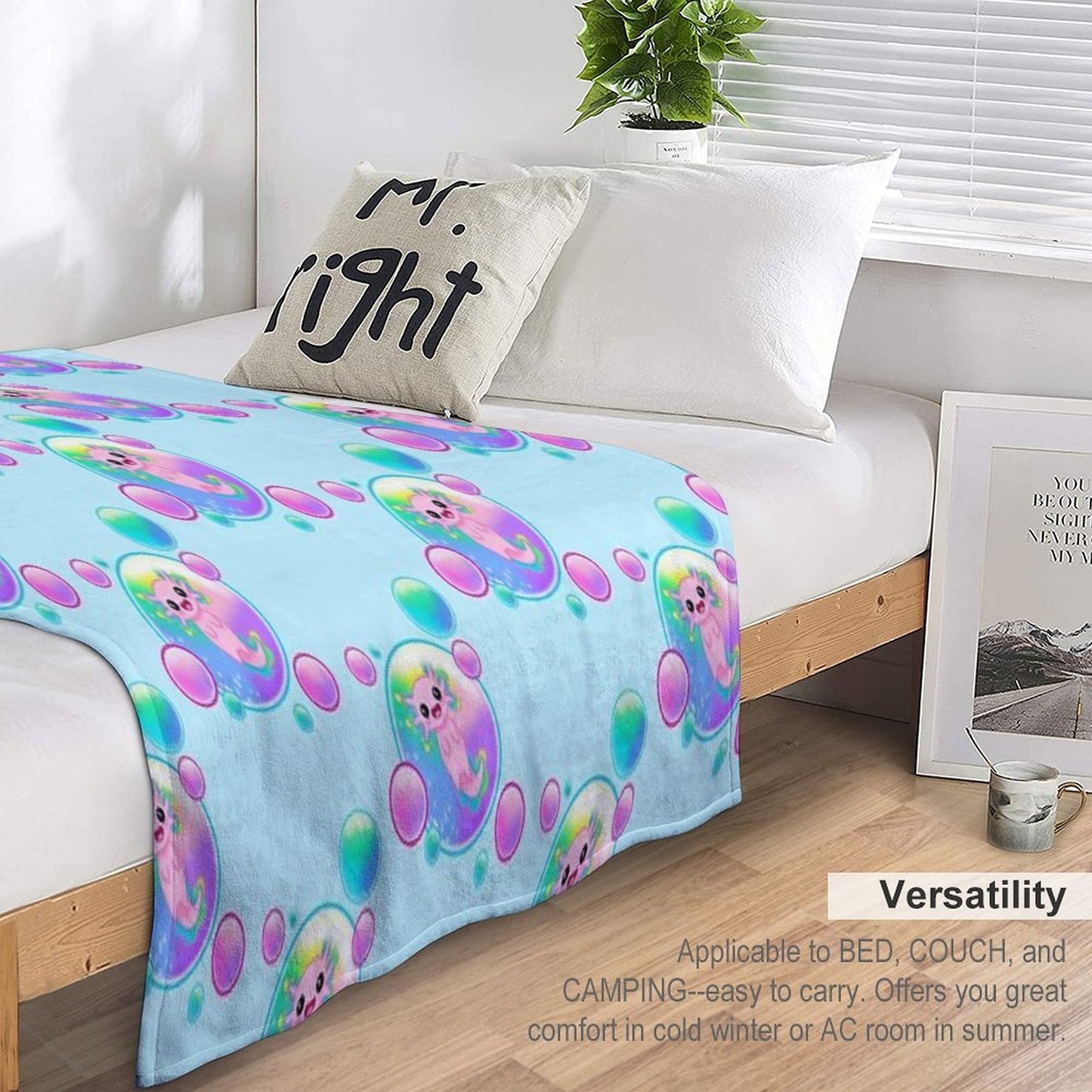 Kawaii Axolotl with Bubbles Throw Blanket