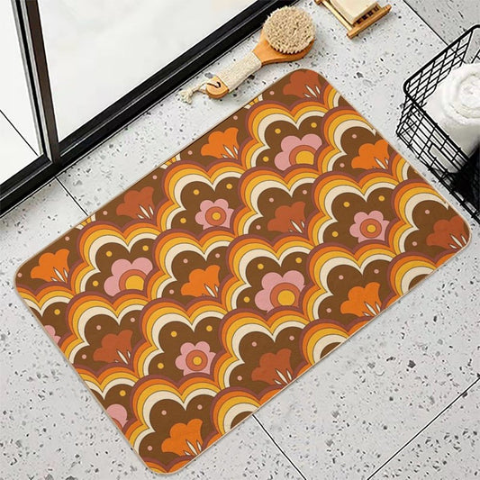 70s 60s Retro Psychedelic Flower Power, Floral Pattern Bath Mat