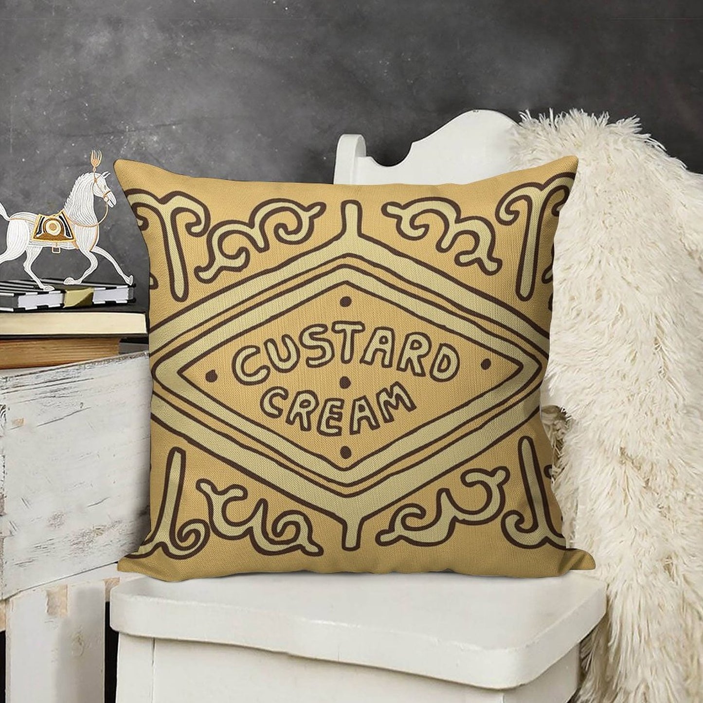 Custard Cream British Biscuit Linen Throw Pillow Cover