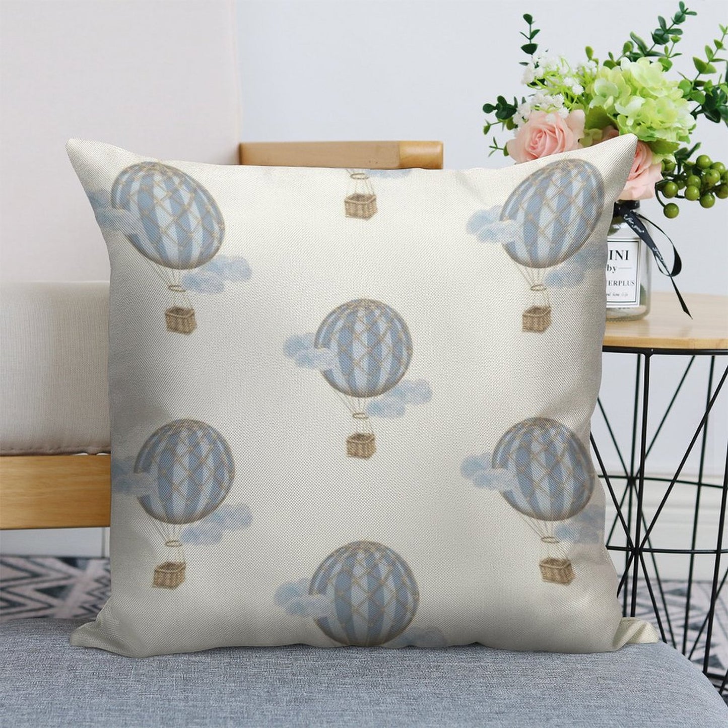 Blue Vintage Hot Air Balloon Linen Throw Pillow Cover