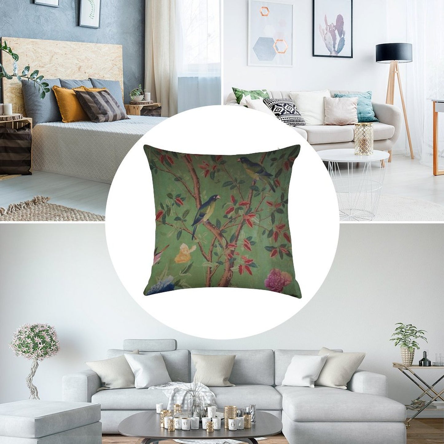 Green Dream Chinoiserie Linen Throw Pillow Cover