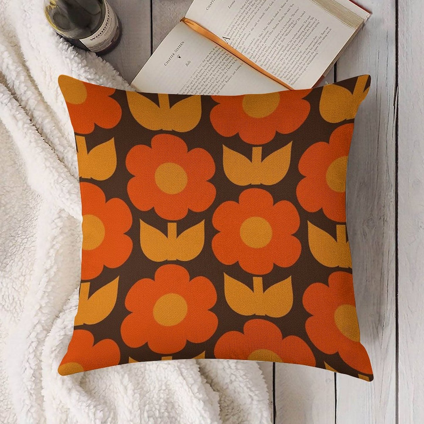 Jonnty Flowers Retro Floral Pattern in 70s Brown And Orange Linen Throw Pillow Cover