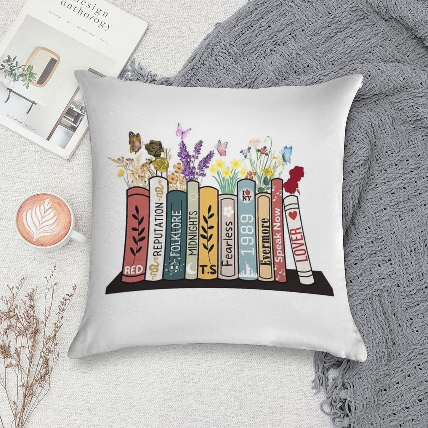 Taylor Albums Book Flowers Country Music Lover Swifties Soft Decorative Cover Throw Pillow