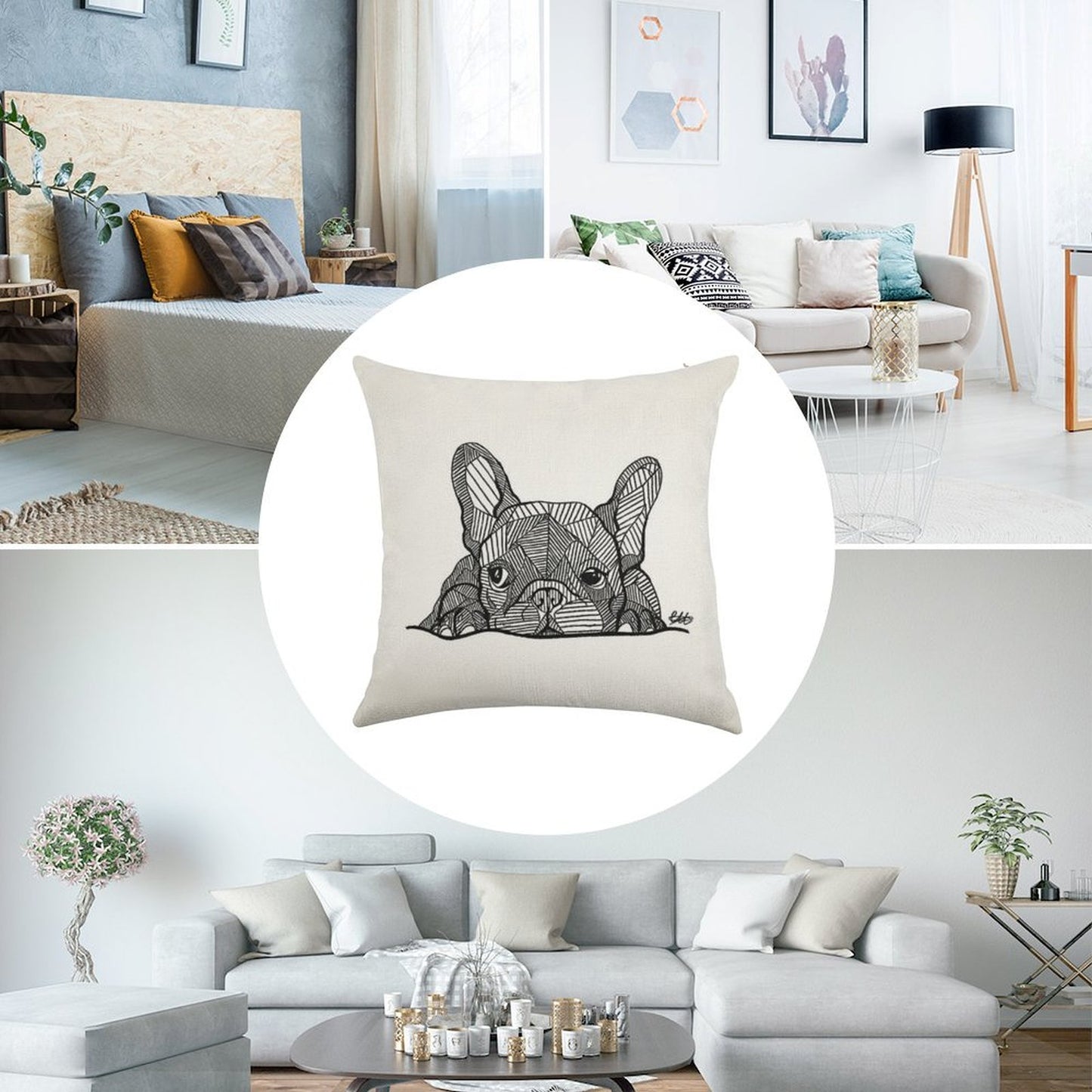 French Bulldog Puppy Linen Throw Pillow Cover