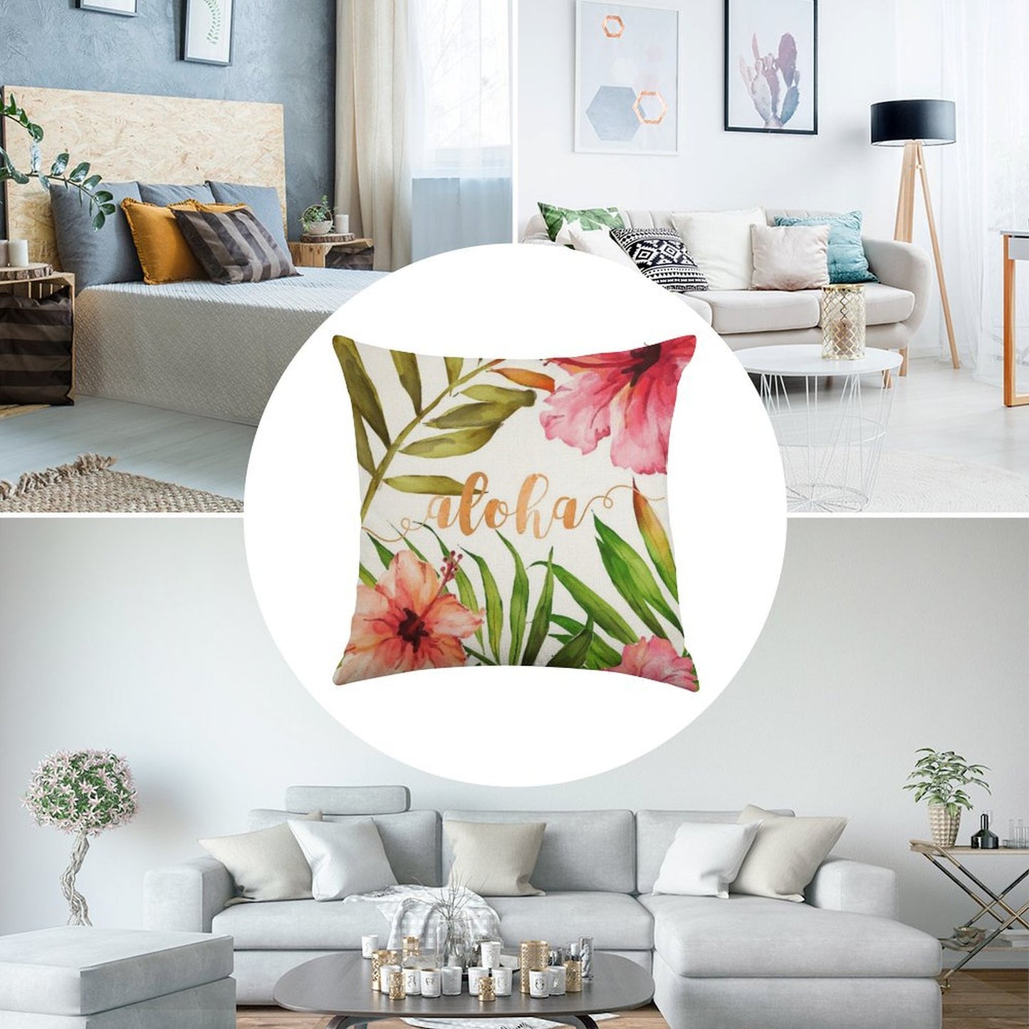 Aloha Tropical Hawaiian Floral Watercolor Linen Throw Pillow Cover