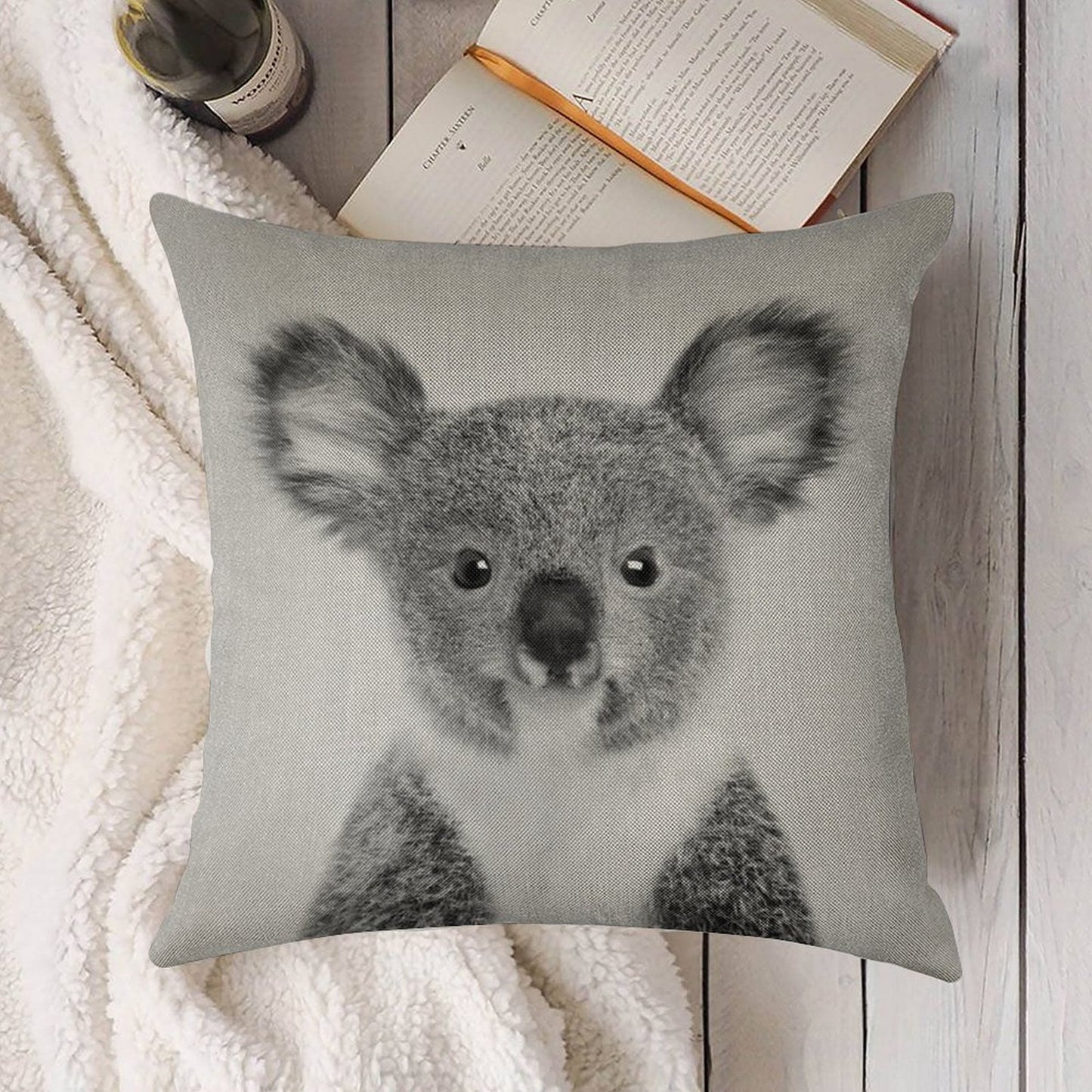 Baby Koala - Black & White Linen Throw Pillow Cover