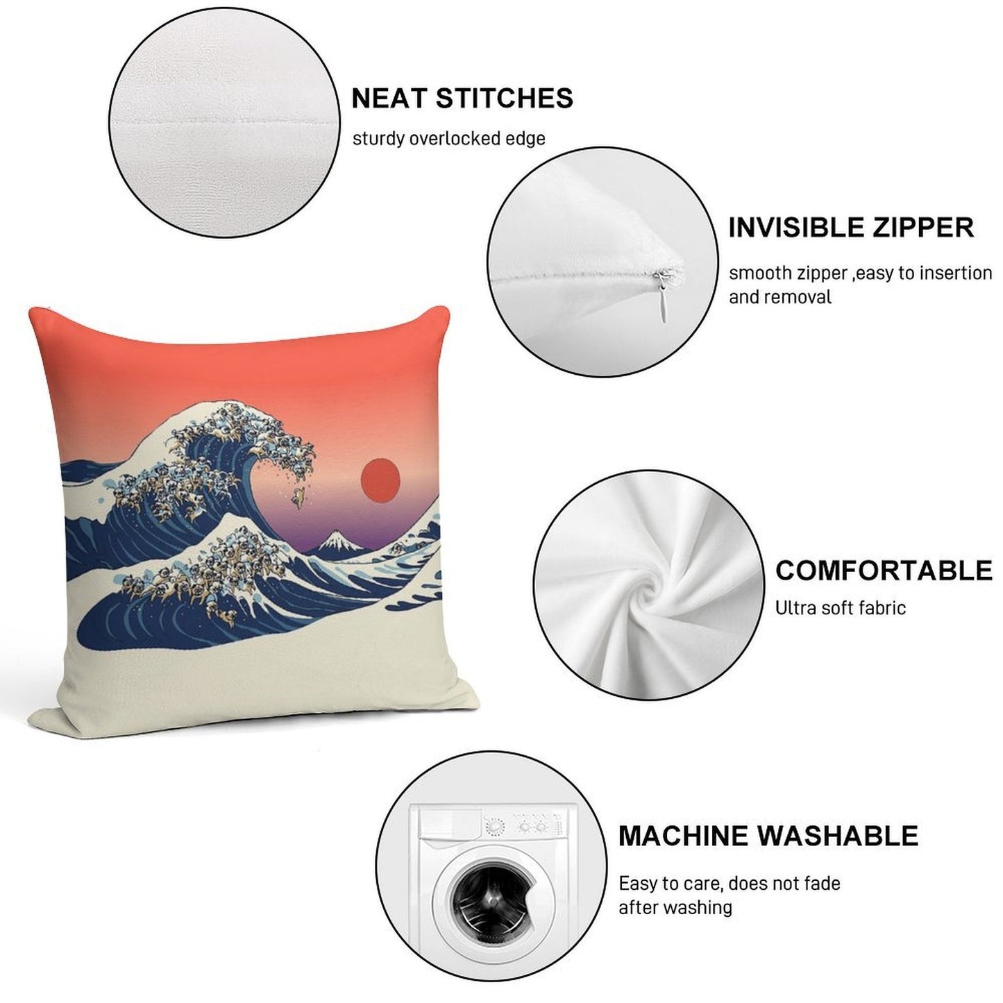 The Great Wave of Pug Soft High-Density Material Throw Pillow