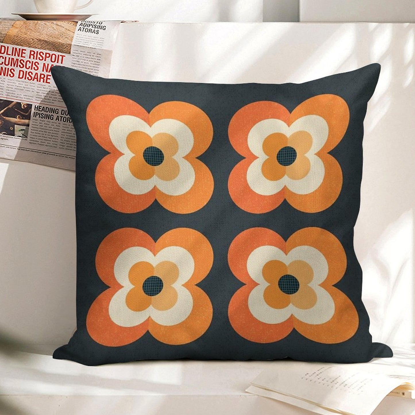 Retro Flowers - Orange And Charcoal Linen Throw Pillow Cover