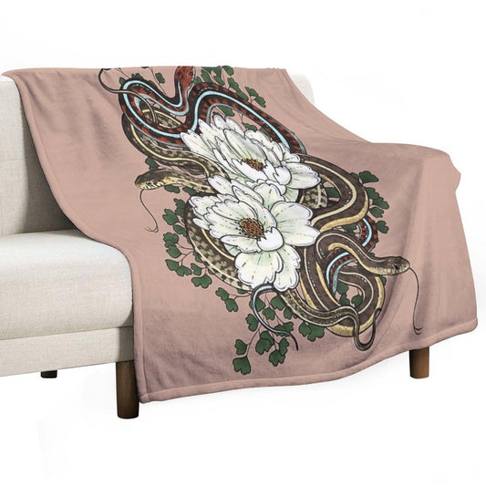 Garter Snakes with White Peonies Throw Blanket
