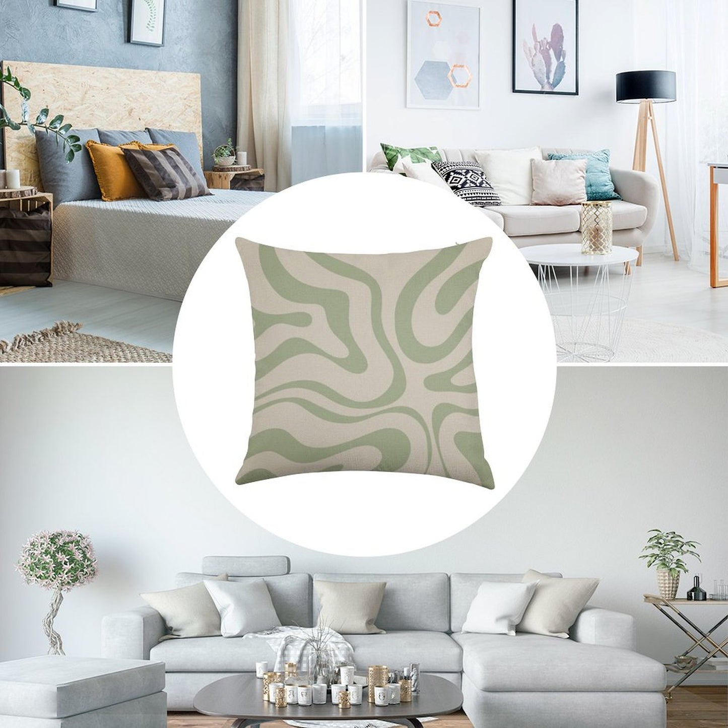 Liquid Swirl Abstract Pattern in Beige And Sage Green Linen Throw Pillow Cover