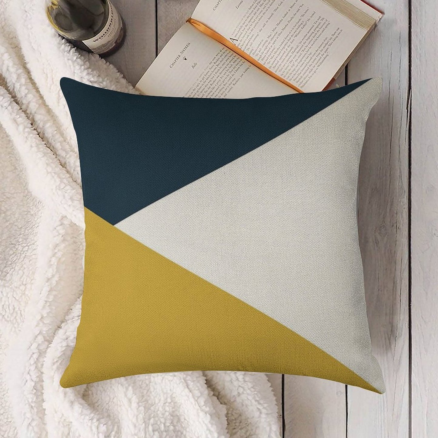 Angled Color Block in Navy Blue, Light Mustard Yellow, And White Linen Throw Pillow Cover