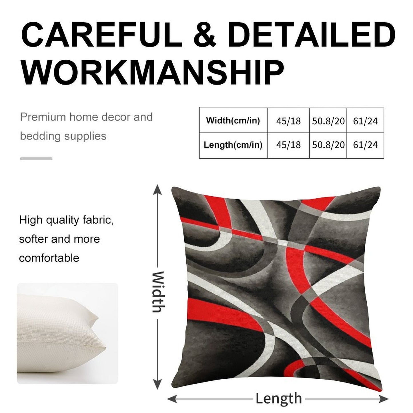 Eighties Red White Grey Line Curve Pattern On Black Linen Throw Pillow Cover