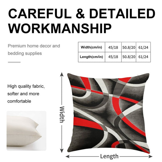 Eighties Red White Grey Line Curve Pattern On Black Linen Throw Pillow Cover