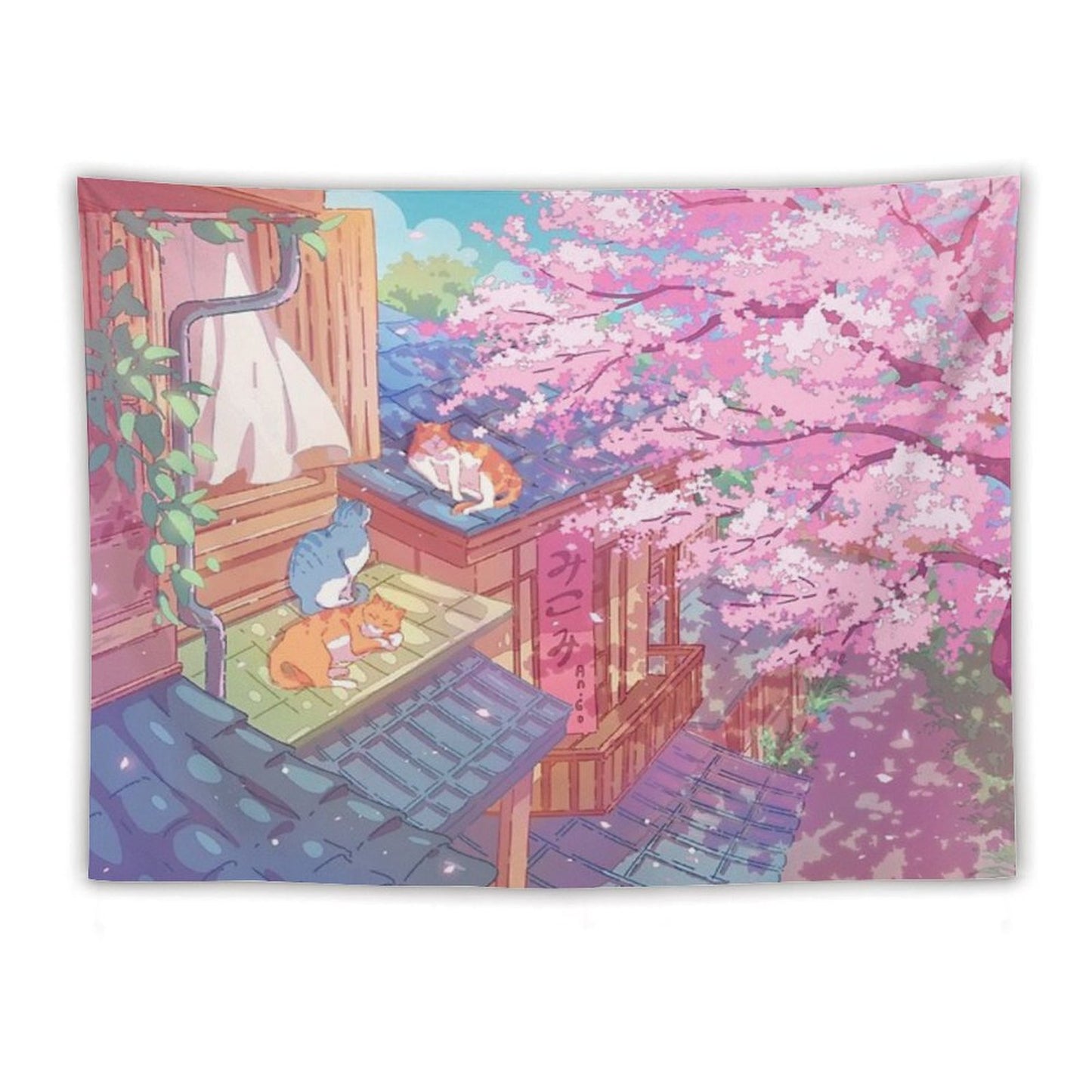 The Cute Cats, Rooftops, And Pink Cherry Blossom Tapestry