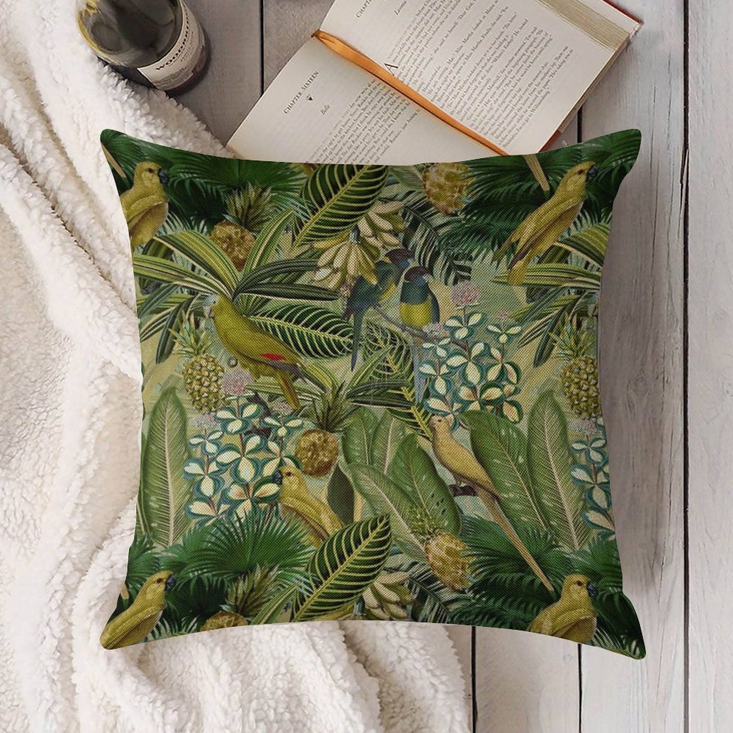 Vintage Green Tropical Bird Jungle Botanical Night Garden Nightgarden Linen Throw Pillow Cover