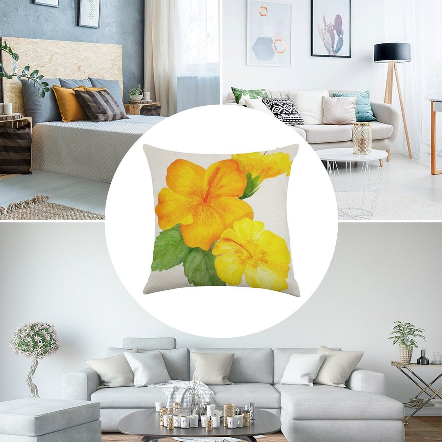 Yellow Hibiscus Watercolor Linen Throw Pillow Cover