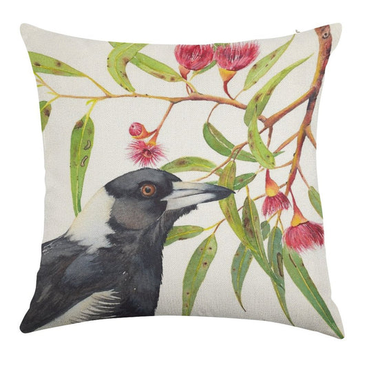 Australian Magpie And Eucalyptus Blossoms Watercolour Painting Linen Throw Pillow Cover