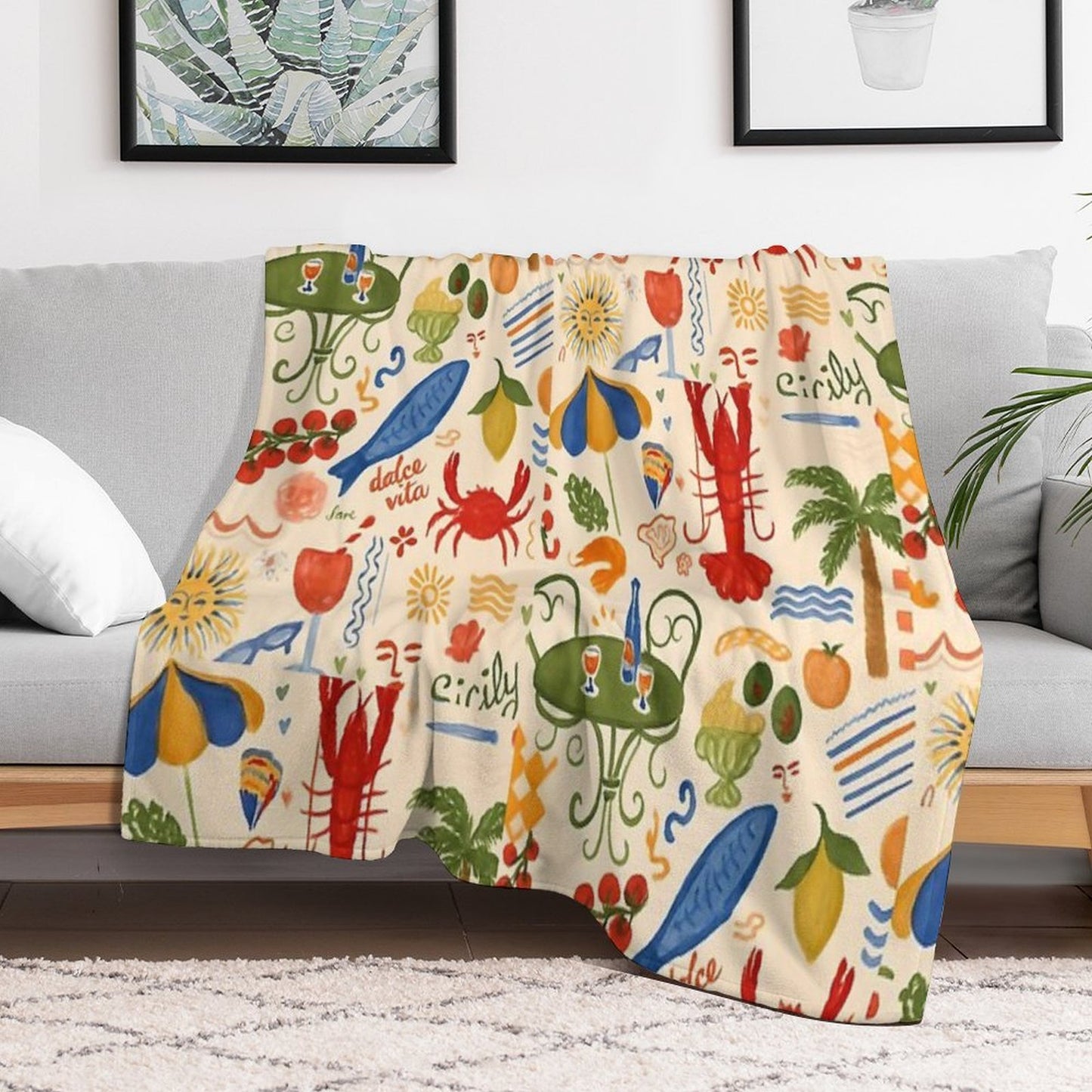 A Dolce Vita – Italian Summer Pattern with Seafood & Sun Throw Blanket