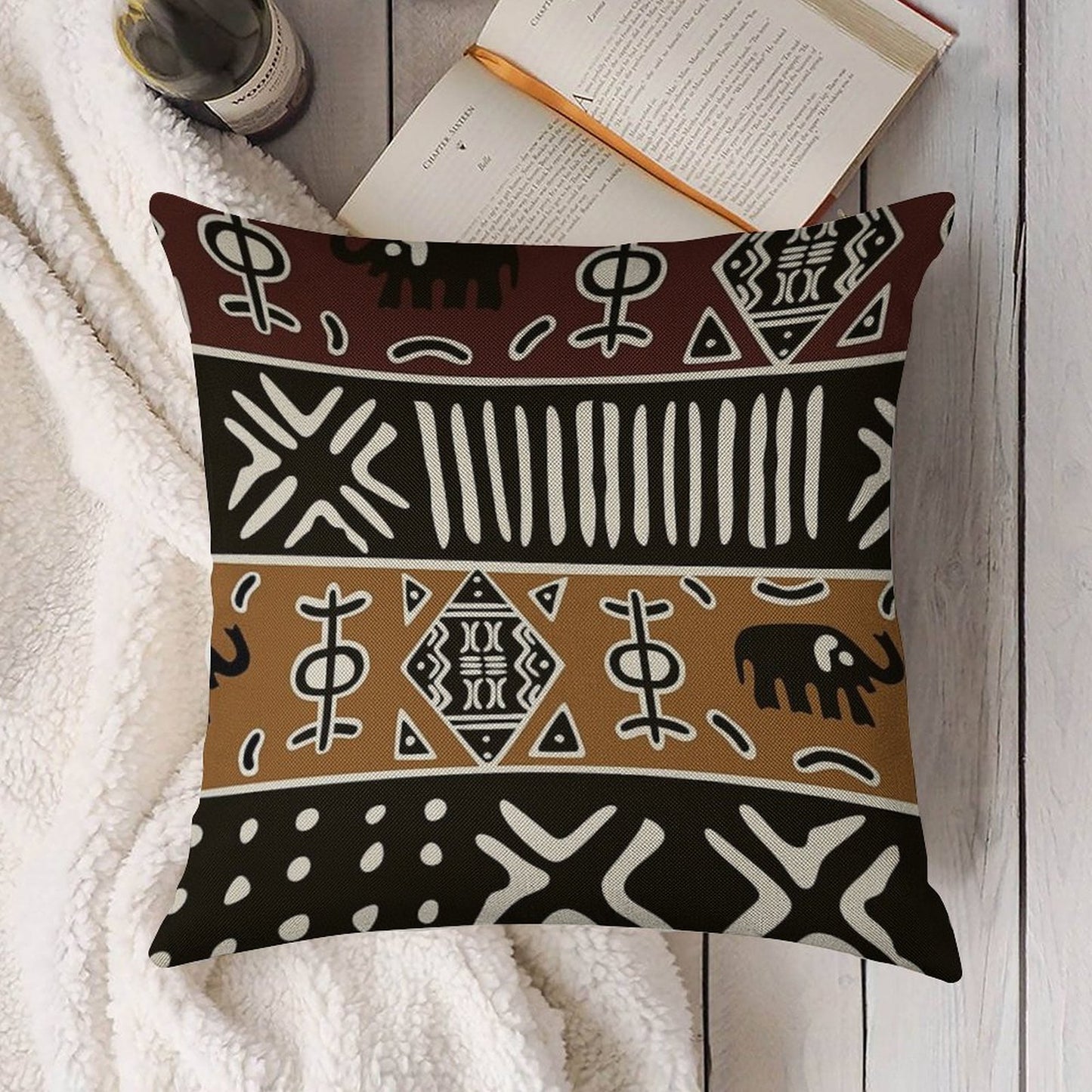 African Mud Cloth with Elephants Linen Throw Pillow Cover