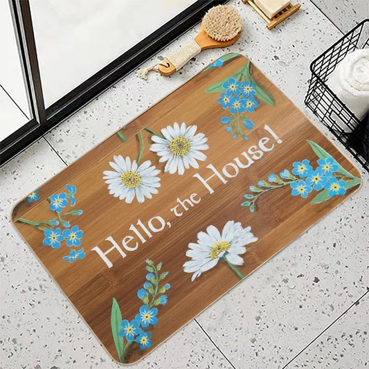 Hello The House Forget Me Nots Chamomile Daisies Strawberry Flowers on Wood Painting Art Sign Welcome Greeting by Laura Rispoli Bath Mat