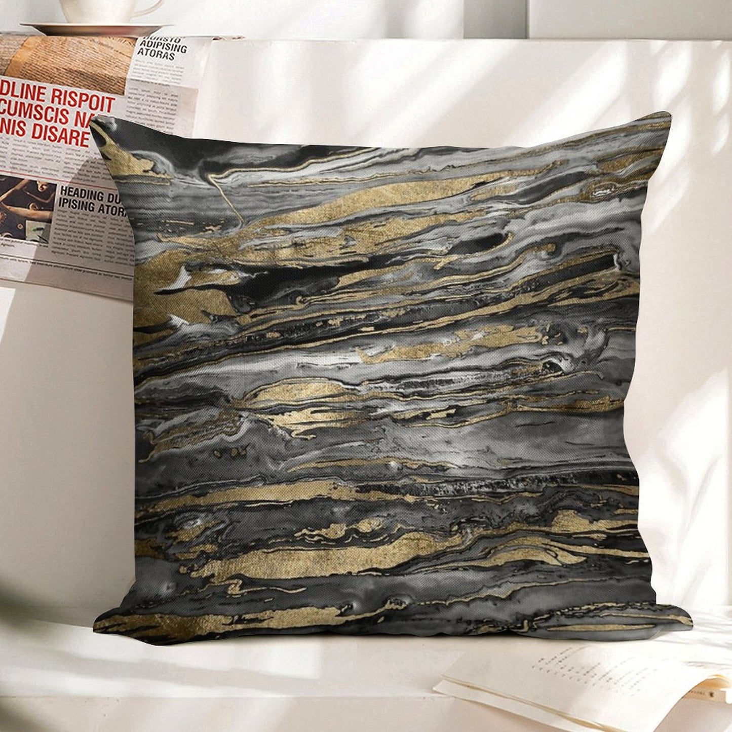 Stylish Grey Gold Abstract Marble Linen Throw Pillow Cover