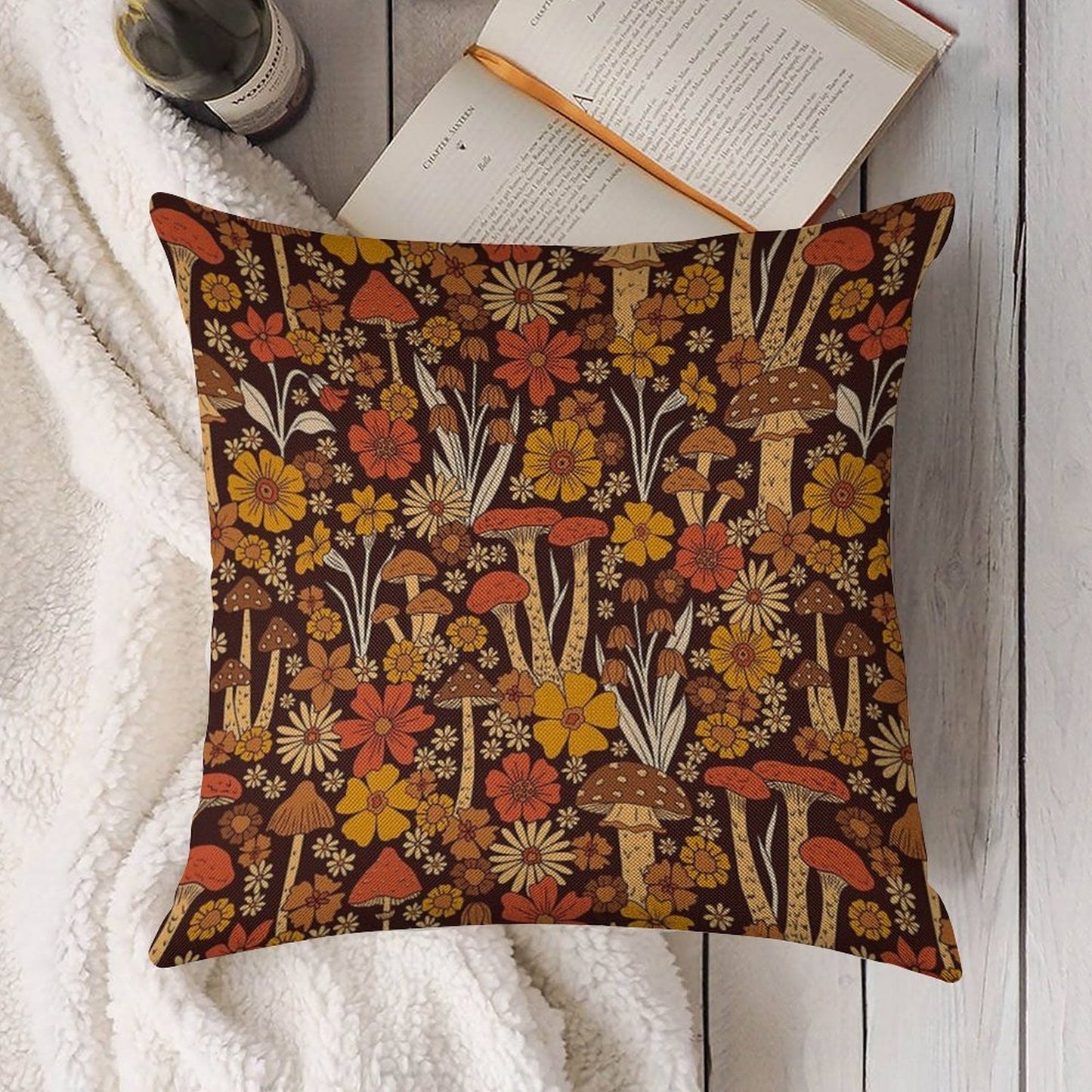 Retro 1970s Brown & Orange Mushrooms & Flowers Linen Throw Pillow Cover