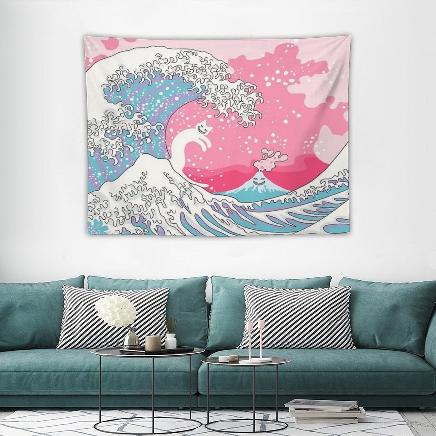 Psychodelic Bubblegum Kunagawa Surfer Cat Tapestry