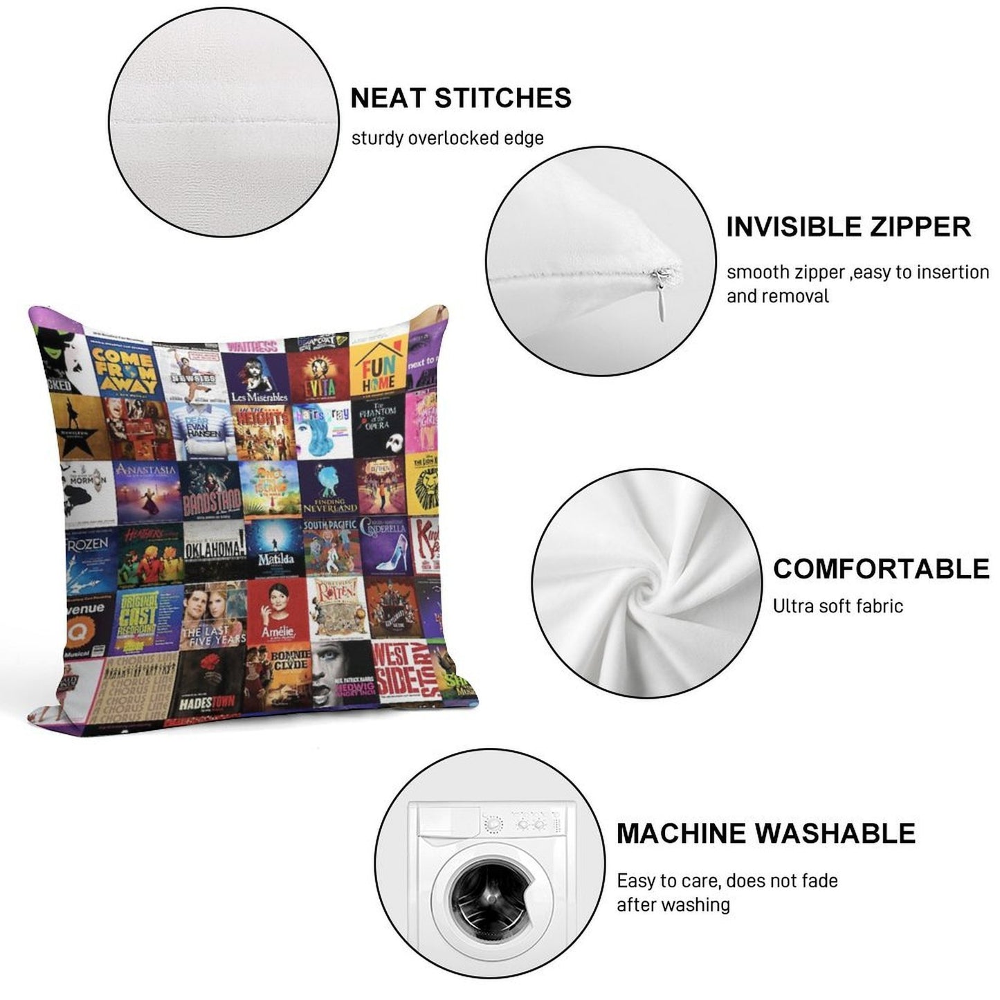 Musicals Collage Soft Decorative Cover Throw Pillow