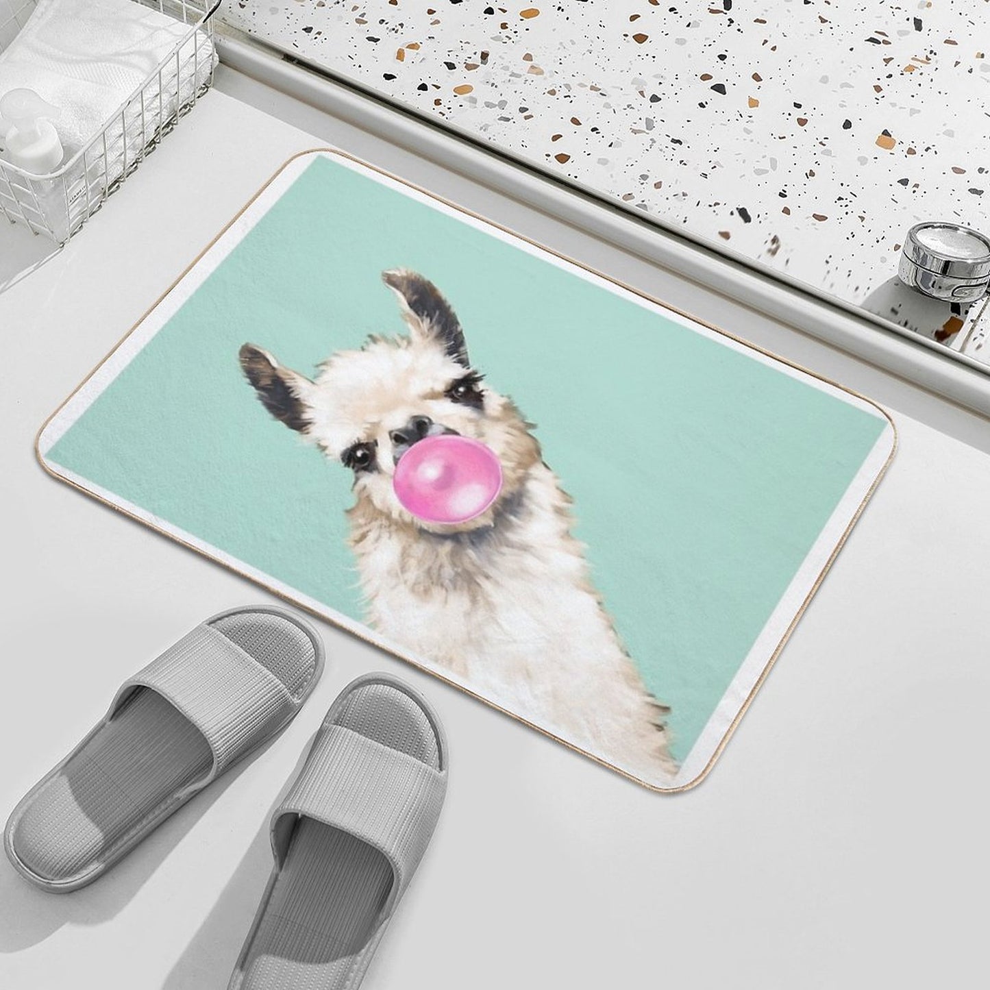 Bubble Gum Sneaky Llama in Green Bath Mat