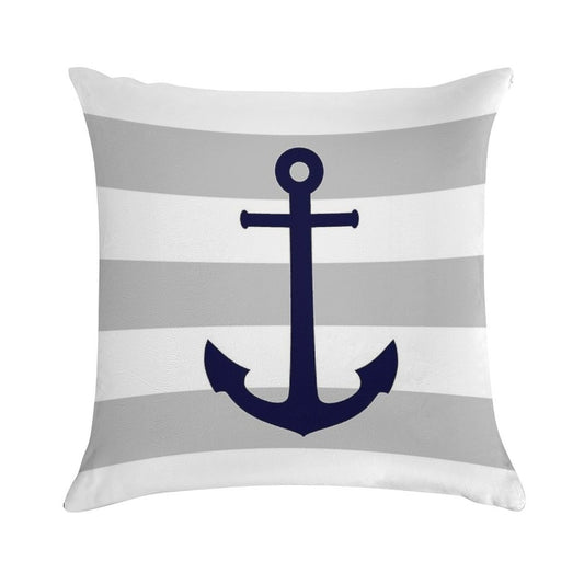 Nautical Navy Blue Anchor On Gray Stripes Soft Ultra-Soft Texture Throw Pillow