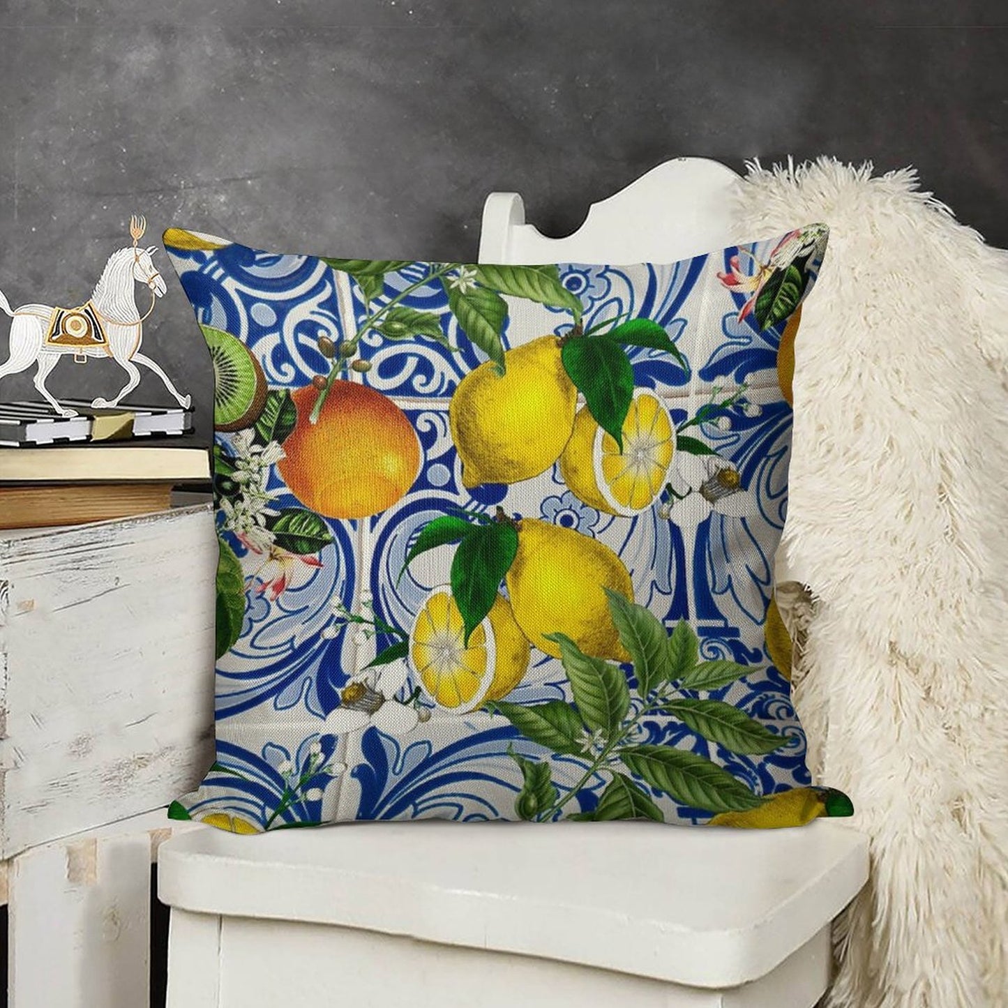 Mediterranean Lemon on Blue Ceramic Tiles Linen Throw Pillow Cover