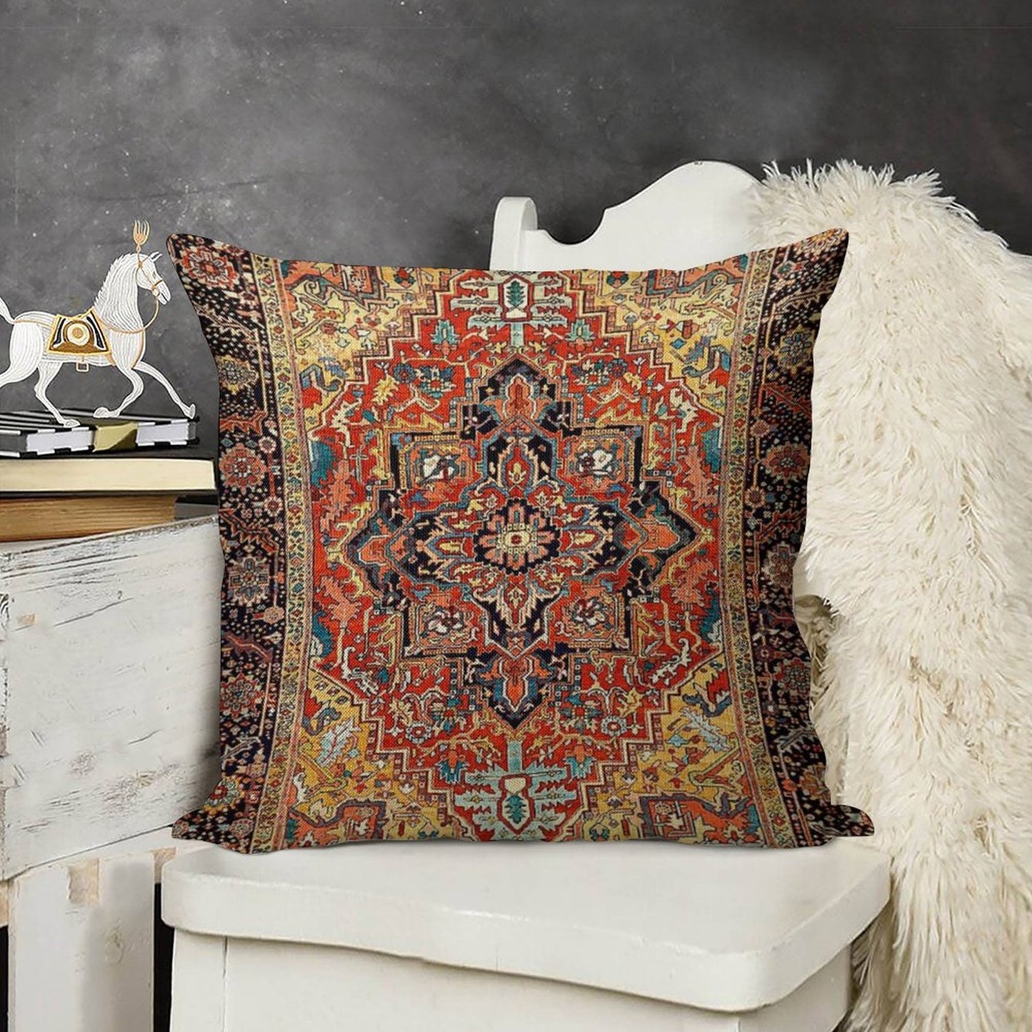 Heriz Persian Carpet Print Linen Throw Pillow Cover