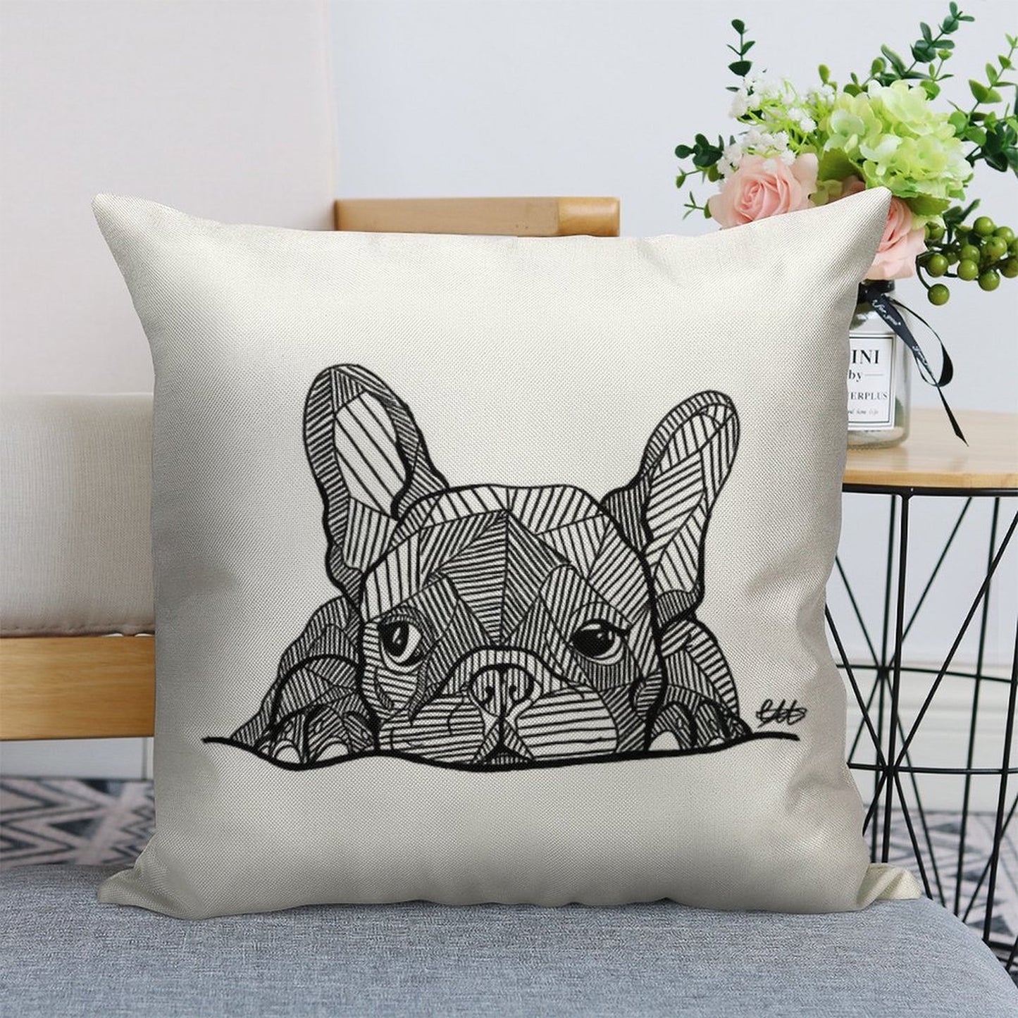French Bulldog Puppy Linen Throw Pillow Cover
