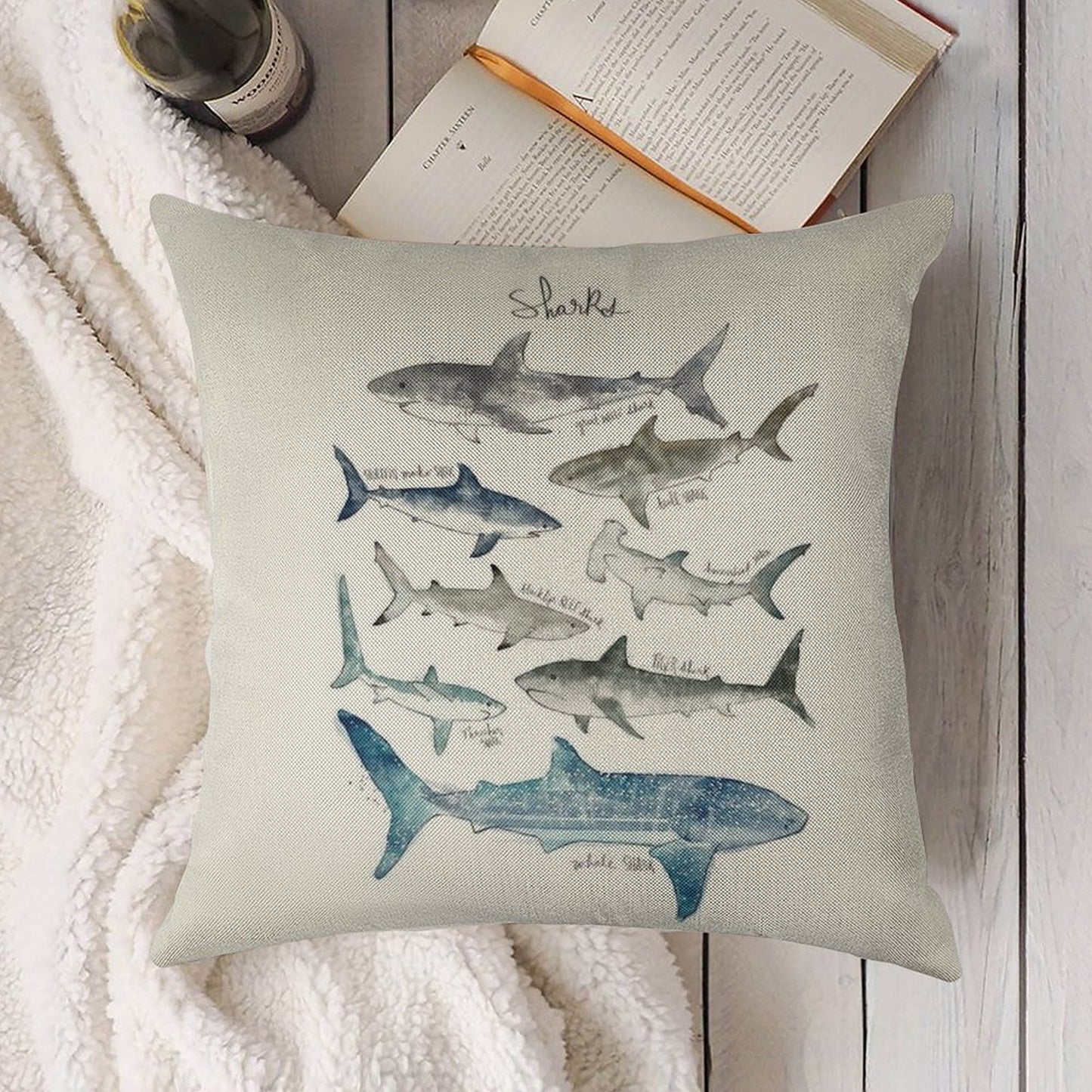 Sharks Linen Throw Pillow Cover