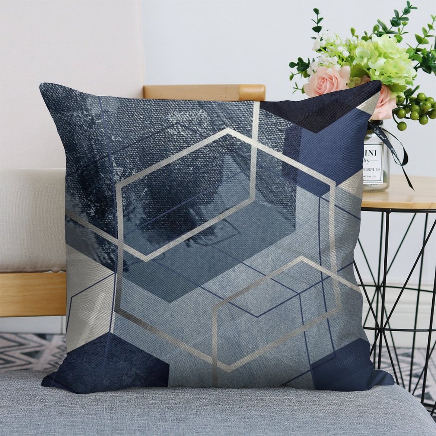 Blue And Grey Geo Linen Throw Pillow Cover