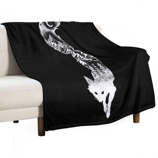 Fox Silhouette with Mountains, Trees & Moon T-Shirt Throw Blanket