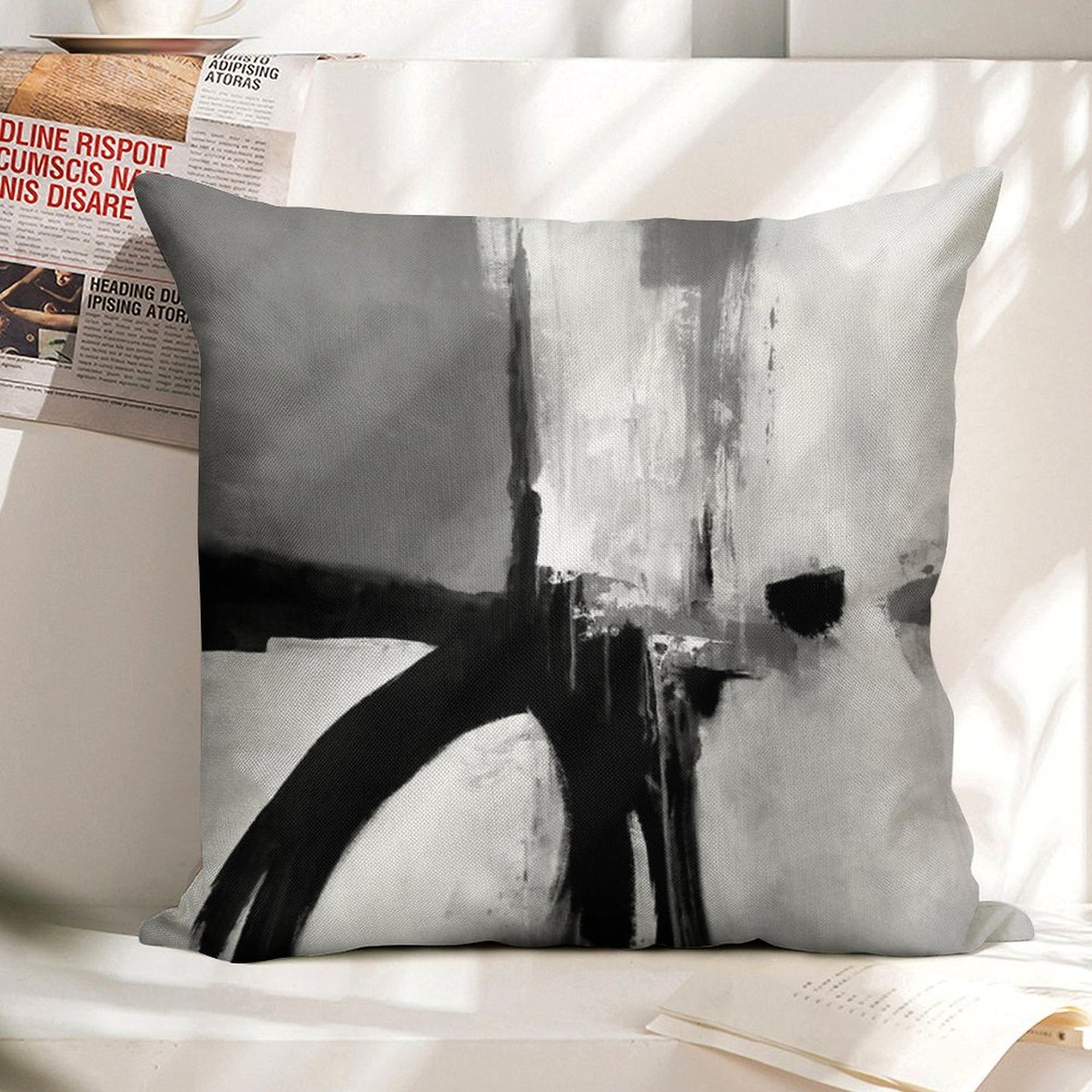 Black White Grey Abstract Linen Throw Pillow Cover