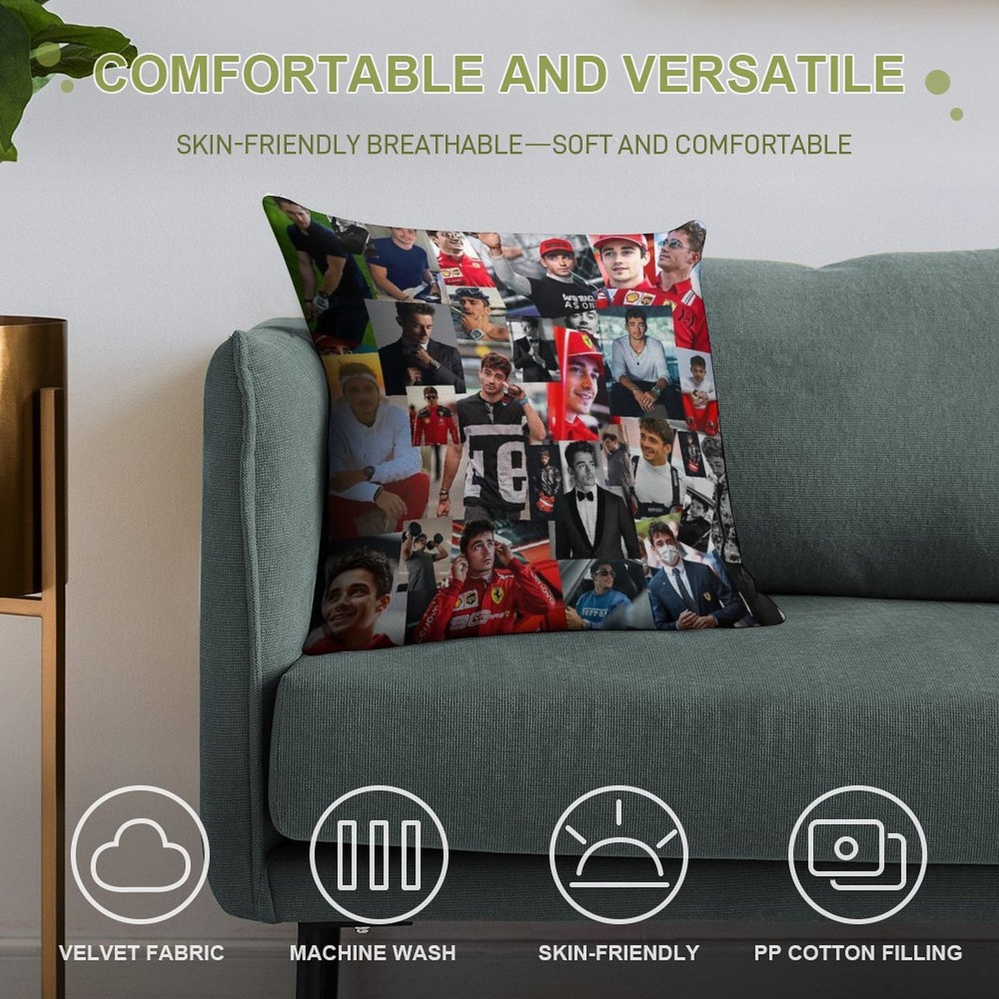 Charles Leclerc Monacan Motorsports Racing Driver Collage Soft Bedroom Essential Throw Pillow