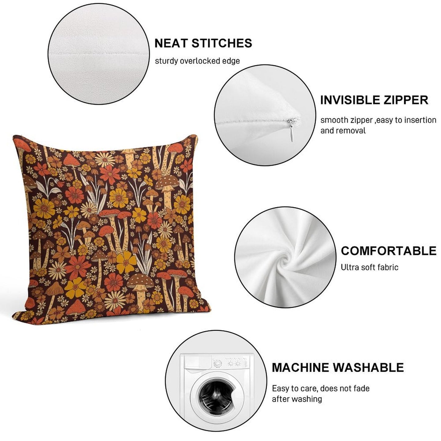 Retro 1970s Brown & Orange Mushrooms & Flowers Soft Anti-Pilling Throw Pillow
