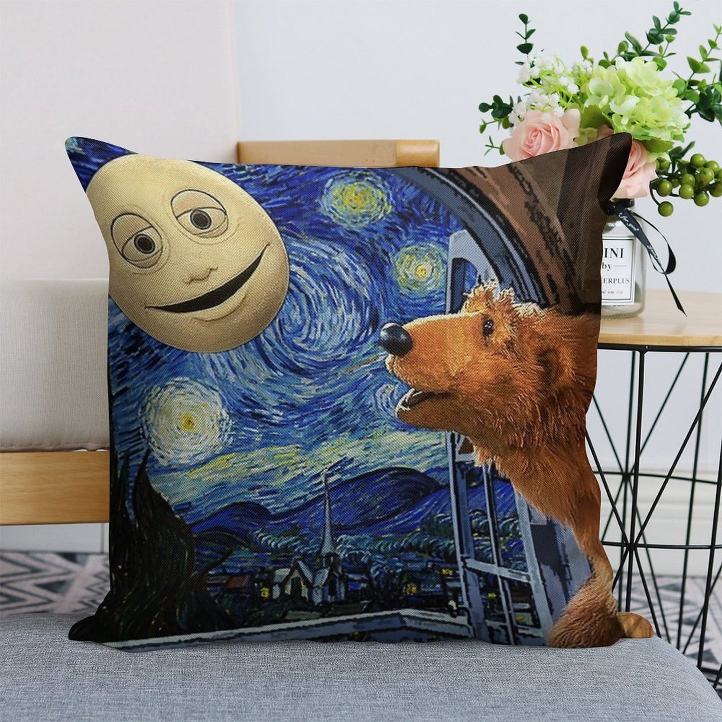Bear in The Big Blue House with Starry Night Linen Throw Pillow Cover