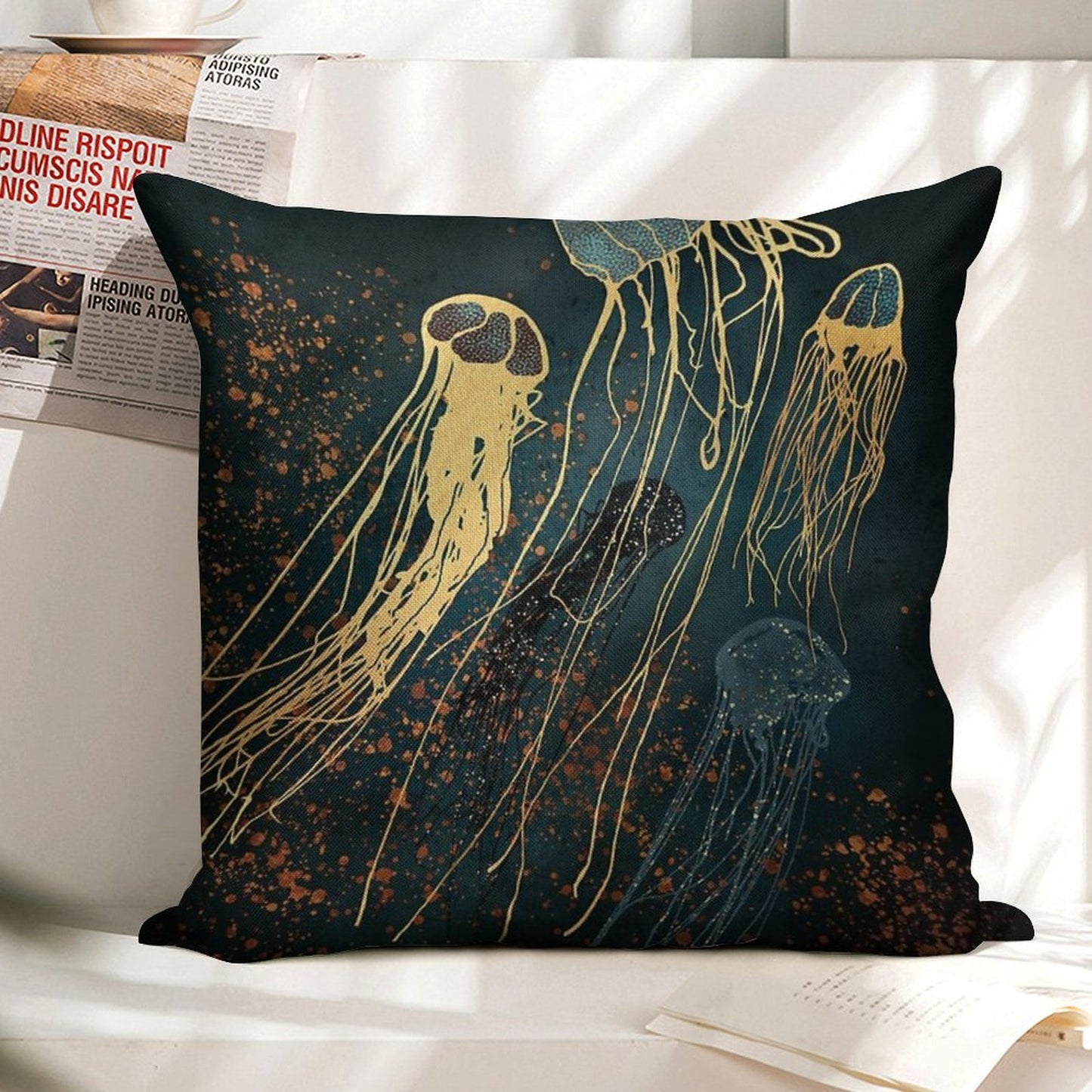Metallic Jellyfish Linen Throw Pillow Cover