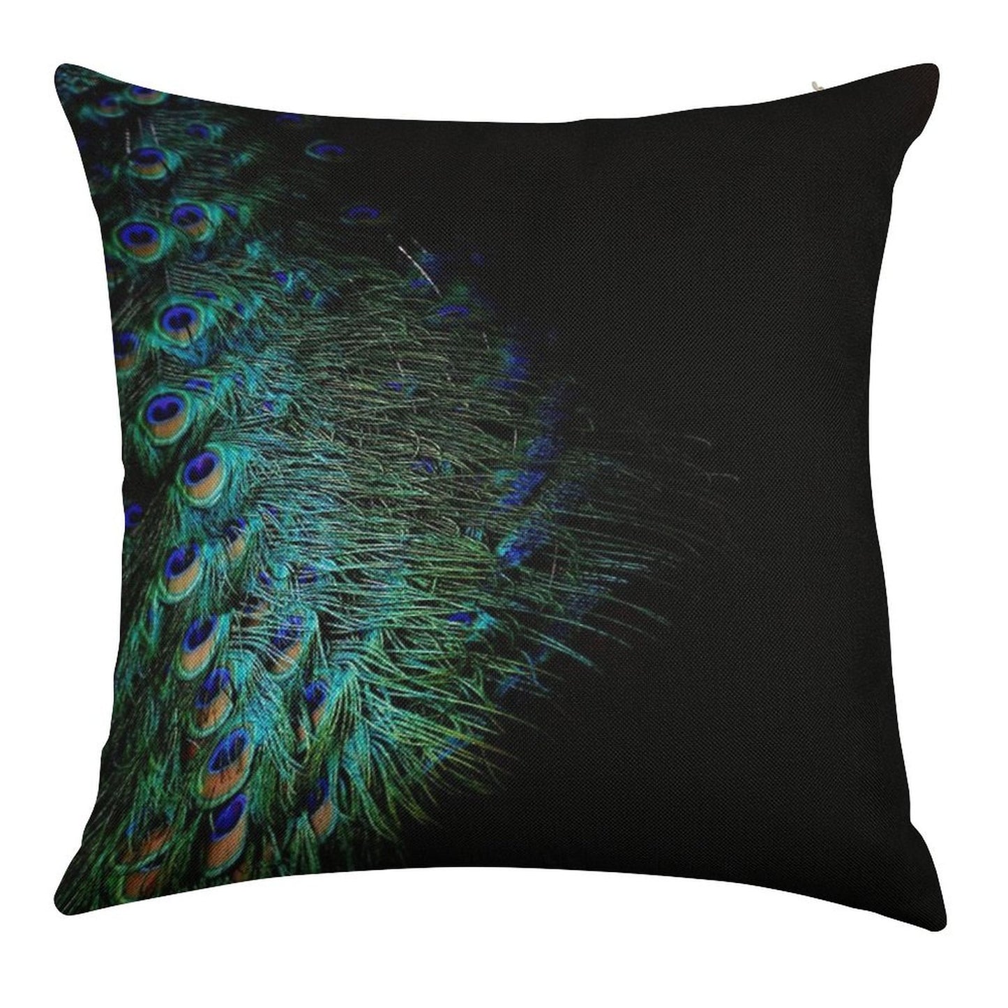 Peacock Feathers on A Black Background Linen Throw Pillow Cover