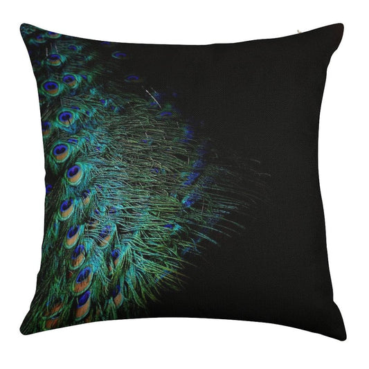 Peacock Feathers on A Black Background Linen Throw Pillow Cover