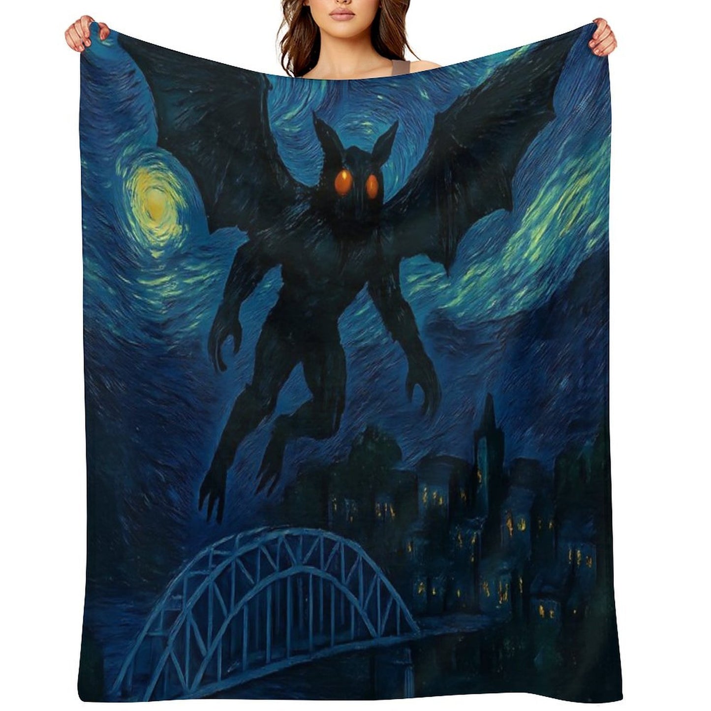 Mothman Over Point Pleasant on A Starry Night Throw Blanket