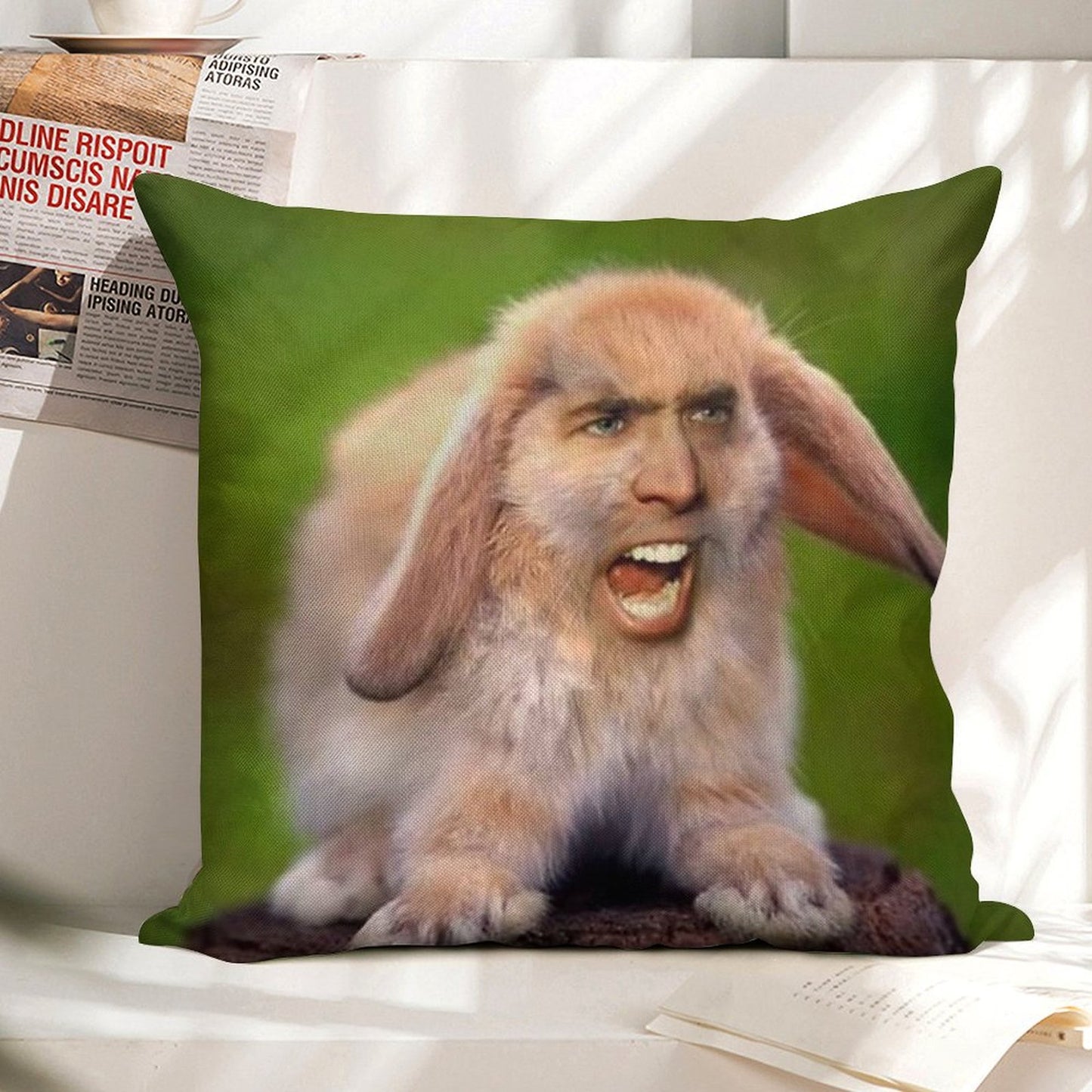 Nicolas Cage Bunny Photoshop Linen Throw Pillow Cover