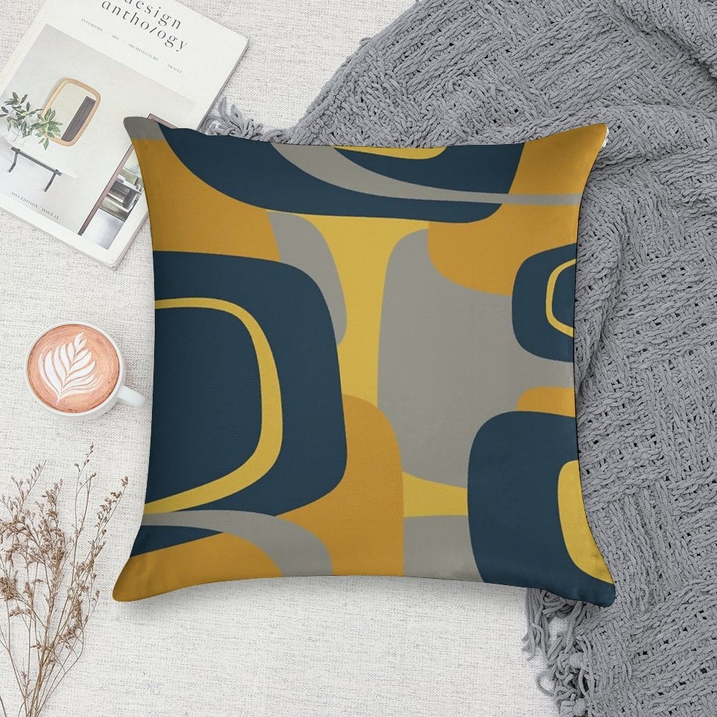 Mid Century Modern Retro Abstract Pattern in Navy Blue, Mustard Yellow, And Gray Soft Anti-Pilling Throw Pillow