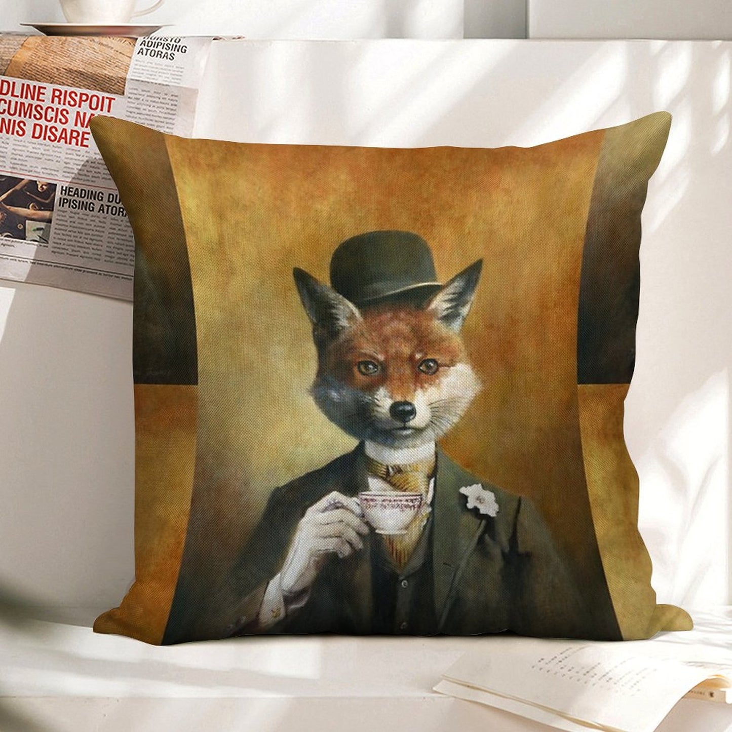 Teatime Mr Fox Linen Throw Pillow Cover